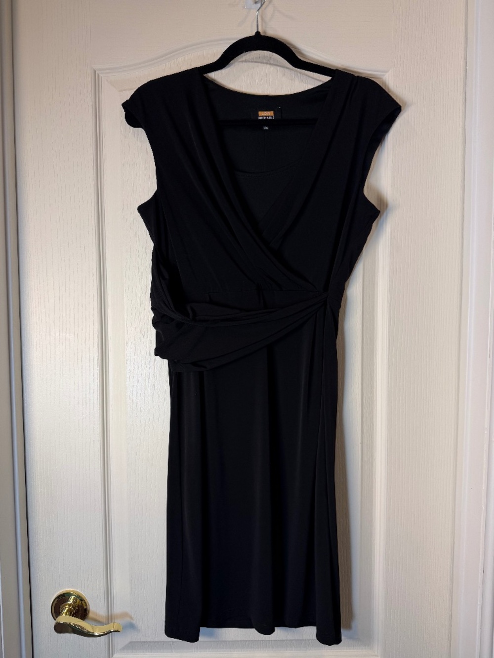Lori Michaels Black Faux Wrap Dress M Draped Waist Sleeveless Stretch Cocktail